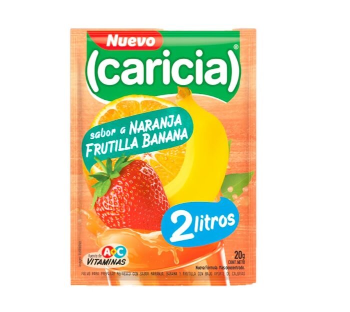 JUGO CARICIA SABOR NARANJA FRUTILLA BANANA 20GR