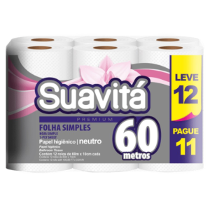 PAPEL HIG. SUAVITA PREMIUM HOJA SIMPLES NEUTRO 60CMX10CM 12 ROLLO